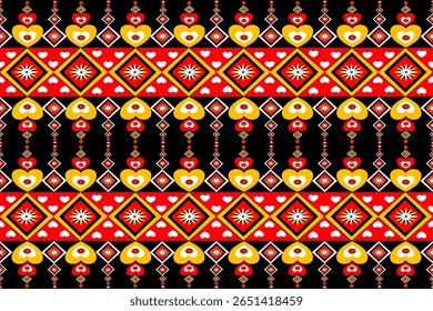 This seamless geometric pattern features bold heart motifs and starburst details in vibrant yellow and red, set against a black backdrop with horizontal red stripes and white accents. The symmetrical 