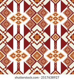 This seamless geometric tribal pattern features intricate diamond and square motifs in rich earth tones of red, brown, and beige. Perfect for textile design, wallpapers, backgrounds.
