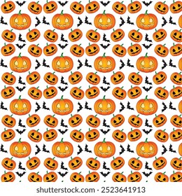 This seamless Halloween background with vibrant pumpkin faces and flying bats on a white backdrop. Perfect for seasonal decor, digital projects, invitations, and wrapping paper for the spooky season.