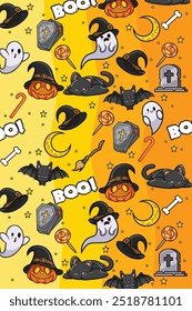 Este patrón de Halloween sin fisuras presenta lindos gatos negros, murciélagos, fantasmas, calabazas, sombreros de bruja y dulces sobre un fondo degradado amarillo-naranja. Perfecto para diseños festivos