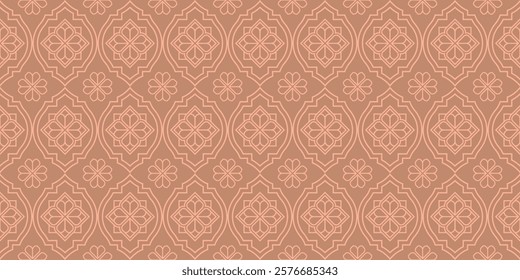 This seamless, ornate floral pattern features a repeating geometric design in warm, pastel tones of pink and peach. The intricate, stylized floral motifs and abstract shapes create a visually appealin