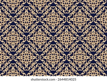 This seamless ornate pattern features elegant baroque-style flourishes in gold over a deep navy background. Perfect for luxurious textiles, classic wallpapers, and vintage-inspired designs.

