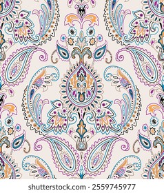 This seamless paisley pattern features intricate, colorful floral motifs and flowing paisley shapes on a light cream background.