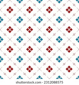 In this seamless pattern, arrange the diamond into a larger diamond. Which has red and blue arranged neatly and beautifully against a white background, looks interesting and attractive.