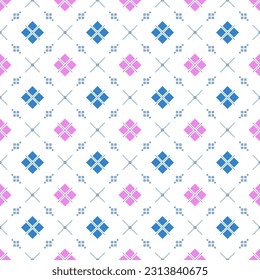 In this seamless pattern, arrange the diamonds into a larger diamond. Which has pink and blue arrange neatly and beautifully against a white background, looks interesting and attractive.