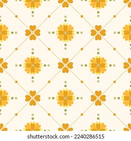 In this seamless pattern, arrange the flowers on a diagonally dotted grid background. And decorated with circles and heart shape, looks beautiful and bright.