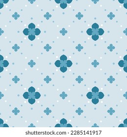 In this seamless pattern, the background is blue. Decorated with large and small flowers neatly arranged and surrounded by small circles that look soft and beautiful.