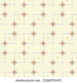 This is a seamless pattern with a beautiful orange-purple flower arrange on yellow background. Make it look beautiful, cute and clean.