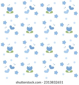 In this seamless pattern, blue tulips interspersed with blue hearts on a light blue toned background. Around there are small flowers and blue circle, that looks cute, bright and beautiful.