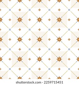 In this seamless pattern, brown-orange tone floral graphics are arranged against a white background. Along with beautifully decorated diagonal strips make it look even more interesting.