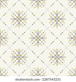 In this seamless pattern, charming green-yellow flowers are framed in ellipses. Decorate and arrange small flowers around beautifully on the background.