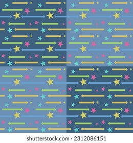 In this seamless pattern, colorful arrows laid out across the background are pale green and dark tones alternating in a checkerboard pattern. Decorated with large and small multicolored stars.