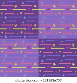 In this seamless pattern, colorful arrows laid out across the background re pale purple and dark tones alternating in a checkerboard pattern. Decorated with large and small multicolored stars.