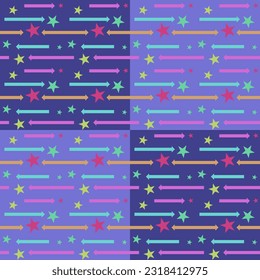 In this seamless pattern, colorful arrows laid out across the background are pale blue and dark tones alternating in a checkerboard pattern. Decorated with large and small multicolored stars.