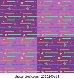 In this seamless pattern, colorful arrows laid out across the background are pale pink and dark tones alternating in a checkerboard pattern. Decorated with large and small multicolored stars.