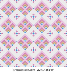 In this seamless pattern, colorful squares are used on a white background. Decorated with flowers in geometric shapes around it look beautiful.