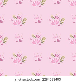 In this seamless pattern, consists of a delicate bouquet of pink flowers interspersed with soft green leaves. Placed on a pink background, it looks warm, sweet, delicate and beautiful.