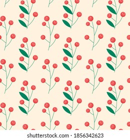 This is a seamless pattern of cotoneaster bush with red barriers and green leaves. 