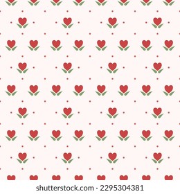 In this seamless pattern, design a beautiful heart flower placed on a white background. Add a circle of the same color as the flowers arranged in a lovely, beautiful and sweet.