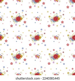 In this seamless pattern, design colorful flowers arranged in bouquet. Placed on a white background around decorated with colorful circles and flowers, it looks refreshing, beautiful and cute.