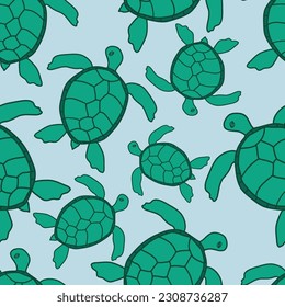 This seamless pattern design features green sea turtles swimming in a blue background.