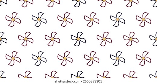 This seamless pattern features abstract pinwheel motifs in alternating maroon and navy blue. Each pinwheel has a central gold circle and four curved petals.