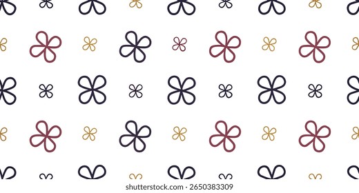 This seamless pattern features abstract, four-petal flower shapes in a repeating arrangement. The flowers are colored in dark blue, maroon, and gold against a clean white backdrop.