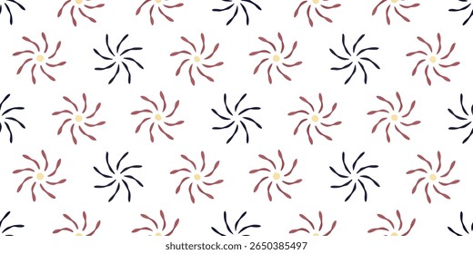 This seamless pattern features abstract, starburst-like floral shapes with curved petals. The design alternates between red and navy blue petals surrounding a yellow center.