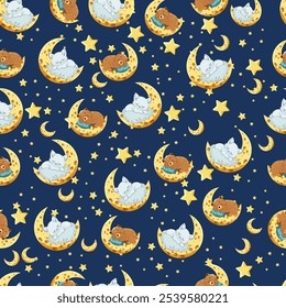 This seamless pattern features adorable bears and foxes sleeping on crescent moons against a dark blue background, surrounded by stars and smaller crescent moons. A cozy, dreamlike design perfect for 