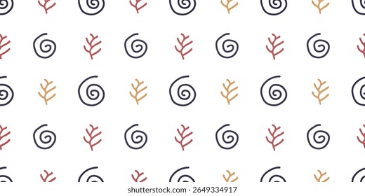 This seamless pattern features alternating rows of dark blue spirals and simple, stylized branching shapes in red and gold against a clean white backdrop.