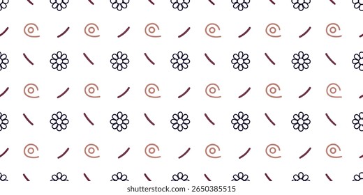 This seamless pattern features alternating rows of simple, dark blue outline flowers and rose gold swirls accompanied by small, dark red curved lines on a white background.
