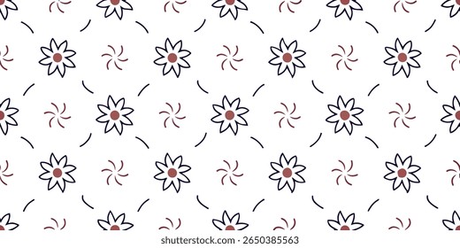 This seamless pattern features alternating dark blue outlined flowers with muted red centers and small, swirling muted red shapes, creating a delicate and charming design.