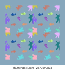 This seamless pattern features an array of abstract leaf shapes in vibrant colors such as pink, purple, blue, green, and yellow, set against a muted blue background.