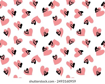 Este patrón sin costuras cuenta con una encantadora colección de corazones dibujados a mano en rosa y negro sobre un fondo blanco. Perfecto para su uso en diseños de San Valentín, proyectos de temática romántica, textiles