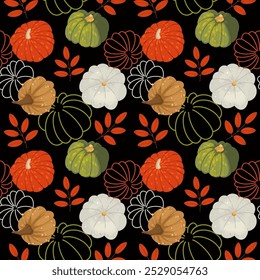 This seamless pattern features charming autumn pumpkins and colorful leaves perfect for textiles wallpapers and decor adding a cozy seasonal touch to any design project