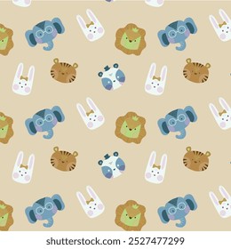 This seamless pattern features cute animal heads in a playful style, perfect for kids' products, wallpapers, and decor. Bright and fun, ideal for children’s illustrations or fabric designs.