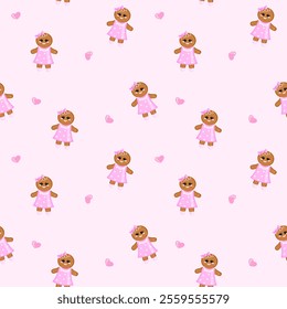 This seamless pattern features cute gingerbread girls in pink polka dot dresses and bows, set against a soft pink background with scattered heart accents. Perfect for festive or sweet-themed designs.