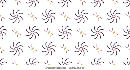 This seamless pattern features dark purple swirling shapes with a red center, interspersed with small red dashes and golden circular elements.