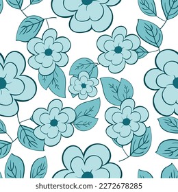 This seamless pattern features delicate blue flowers arranged in a repetitive pattern on a crisp white background, evoking a sense of calm and serenity.