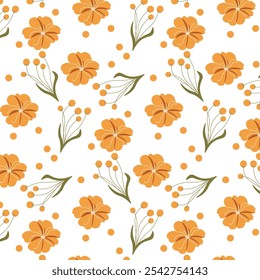 This seamless pattern features delicate orange flowers and green leaves on a white background. 