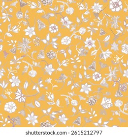 This seamless pattern features delicately drawn white and beige botanical flowers on a rich mustard yellow background. Perfect for digital papers, wallpapers, textiles, and elegant packaging. Colors