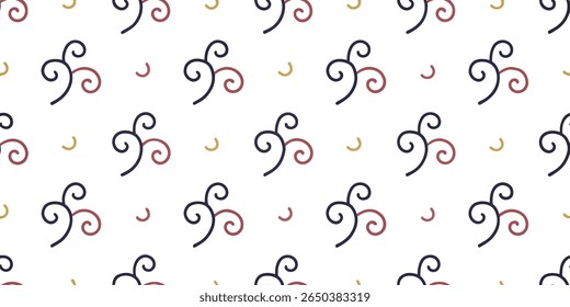 This seamless pattern features elegant, stylized swirls in deep blue and rich maroon, interspersed with delicate gold crescent accents on a clean white canvas.