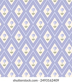 This seamless pattern features a geometric arrangement of diamond shapes containing simple floral motifs in purple and green on a light background. Ideal for use in textile designs, wallpapers