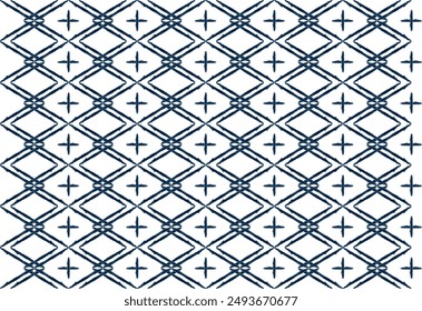 This seamless pattern features a hand-drawn geometric design in blue and white. The intricate diamond shapes and cross motifs create a modern and stylish look, perfect for use in textiles, wallpapers