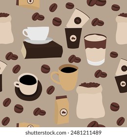 This seamless pattern features illustrations of coffee cups, beans, and steam motifs in a charming and cohesive design. Perfect for coffee shops, cafes, and anyone who loves a good brew.