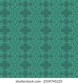 This seamless pattern features intricate, repeating floral designs in a teal color.