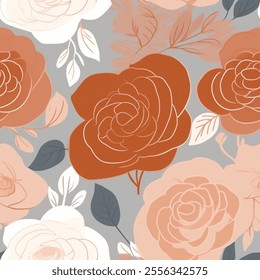 This seamless pattern features large, stylized roses in shades of orange, peach, and white, with contrasting dark and light leaves on a gray background. The design is elegant and visually appealing.