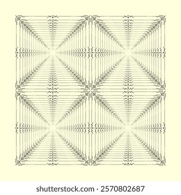 This seamless pattern features a mesmerizing geometric design with a floral motif. The pattern is composed of intricate, symmetrical arrangements that create a kaleidoscopic effect. The design is char
