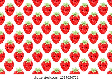 This seamless pattern features numerous adorable, cartoonish strawberries with big eyes, small noses, and smiles.