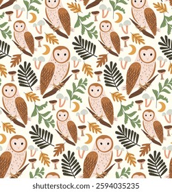 This seamless pattern features owls perched on branches surrounded by mushrooms, leaves, and crescent moons, creating a whimsical forest-themed design on a white background.